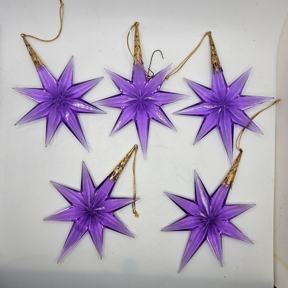 5 Purple Acrylic Starburst Christmas Ornaments Gold Tone Caps Vintage Style